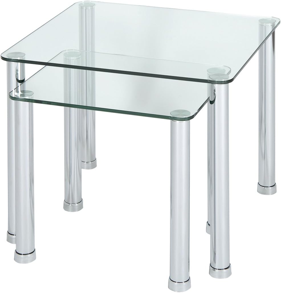 Levv Side Tables Glass with Chrome Legs, Set of 2, Clear