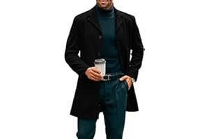 PASLTER Mens Mid Long Trench Coat Slim Fit Winter Pea Coat Single Breasted Business Overcoat