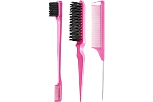 GOIPLE 3 Pieces Hair Styling Comb Set Teasing Brush Rat Tail Comb Edge Brush for Edge&Back Brushing, Combing, Slicking Hair for Women (Pink)