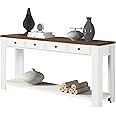 LKTART Solid Wood Console Table Sofa Table with Storage Drawers and Bottom Shelf for Entry Hallway Foyer Couch Table 63" White+Brown