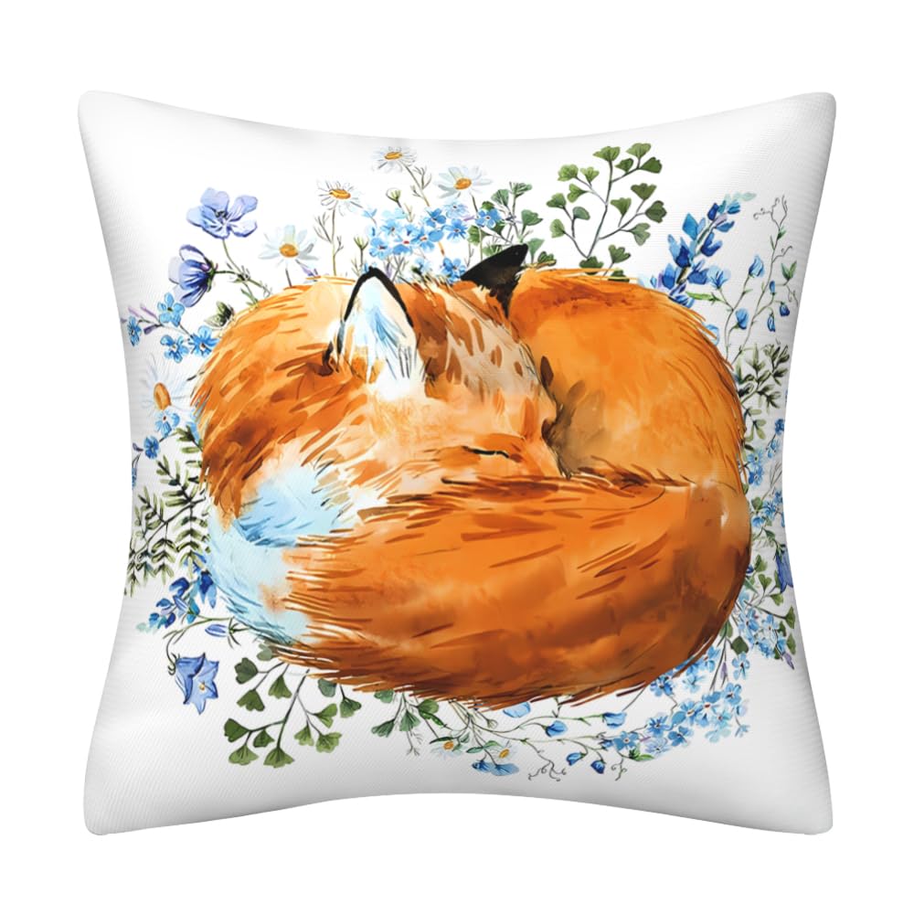 Cushion Covers 45 x 45 cm, Sleeping Fox Flowers Gifts Double-Sided Cute Animal Orange Blue Square Decorative Pillows Covers for Sofa Livingroom Garden Bed Home Decor Cushion Cover 18 x 18 inch โ image 1
