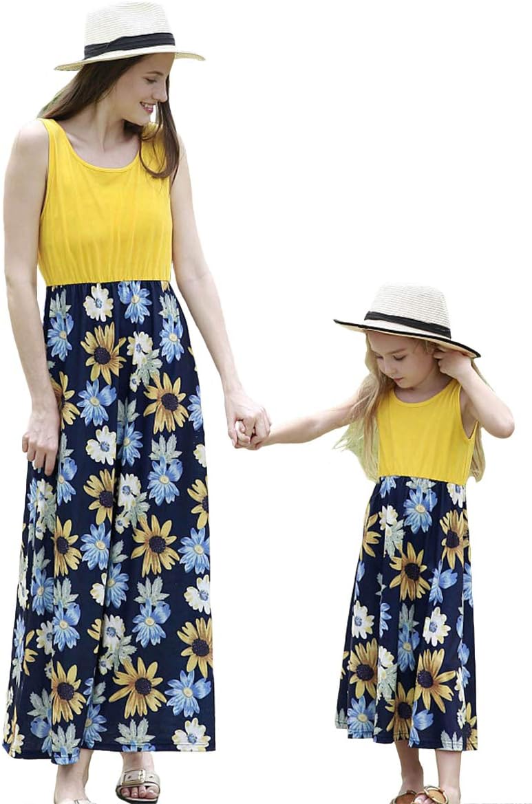 Helisopus Mommy and Me Summer Matching Maxi Dresses,Sleeveless Bohemia Floral Printed Matching Beach Outfits