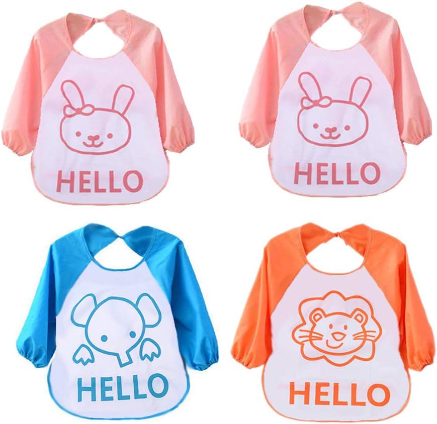 4 Pack Waterproof Long Sleeve Bib for Baby Kids Unisex Feeding Bibs Art Apron Smock
