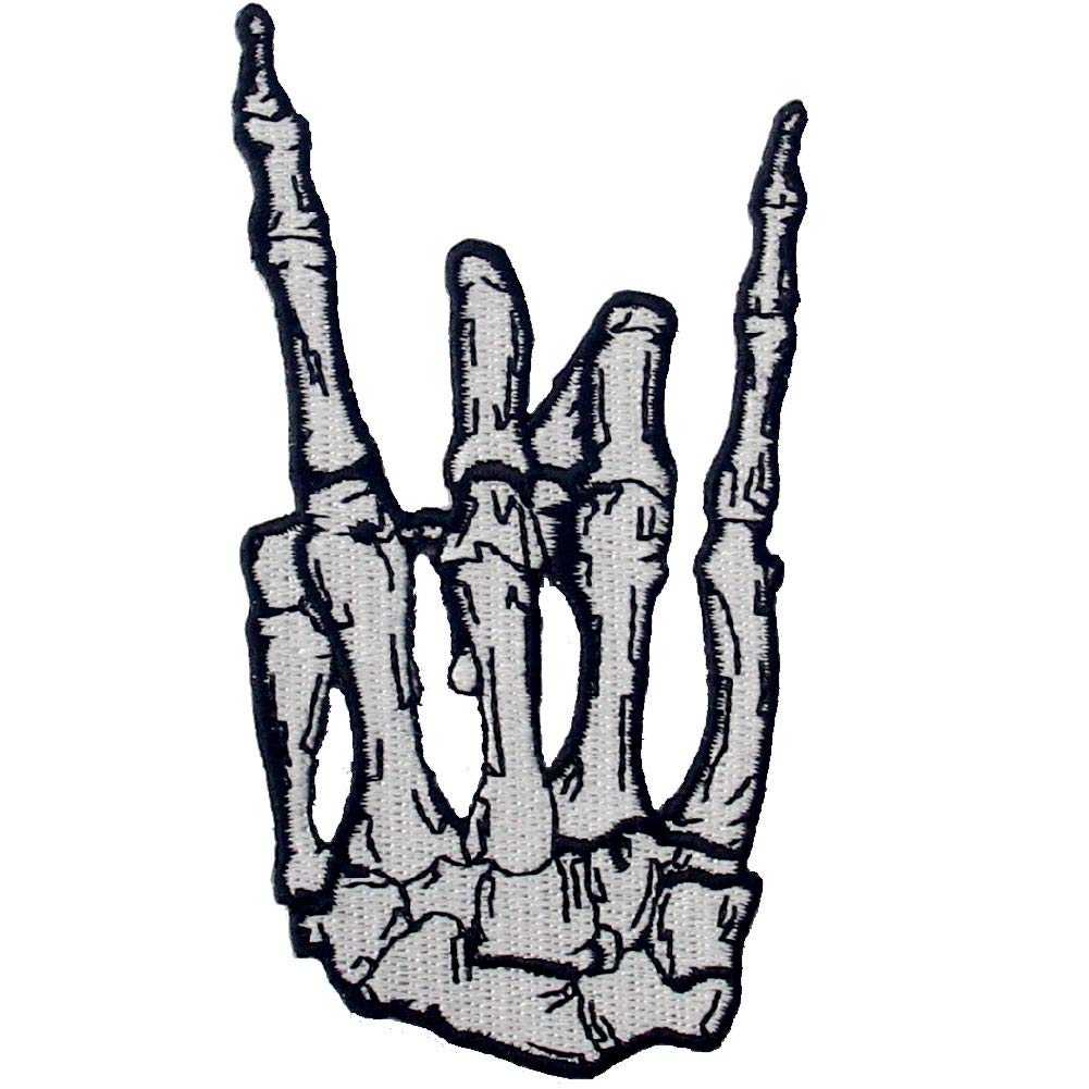 Punk Rock and Roll Skeleton Finger Heavy Metal Music Hand Symbol Sign Language Patch Embroidered Badge Iron On Sew On Emblem