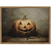 Vintage Halloween Pumpkin Wall Art, Dark Spooky Pumpkin Wall Decor Painting Rustic Fall Poster Canvas Prints Picture for Living Room Bedroom Farmhouse 12x16 inch Wood Framed