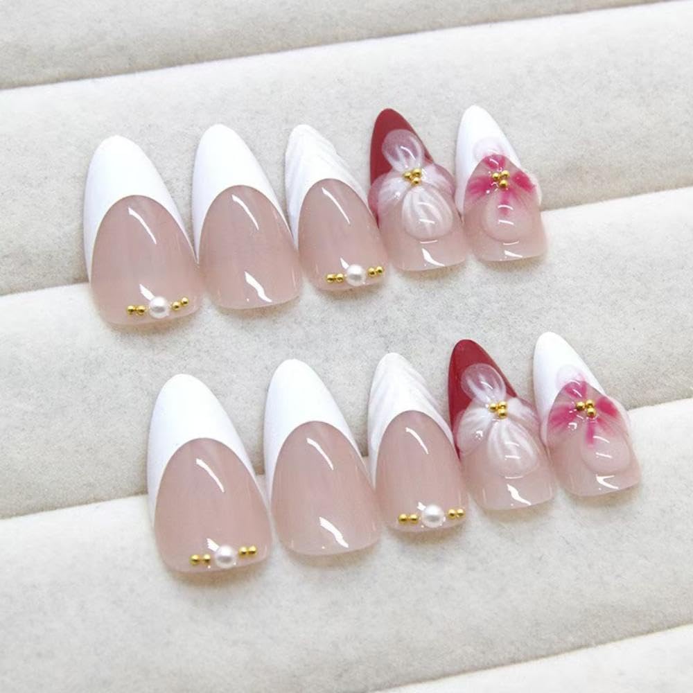 Flower Press on Nails White French Tip Fake Nails Medium Almond False Nails with Pearl Design 5D Floral Glue on Nails Glossy Artificial Acrylic Full Cover Spring Stick on Nails for Women Manicure - Image 2