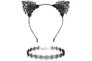 ORIONE Ferenu 2PCS Black Lace Cat Ear Headband & Collar for Women's Fashion, Hair Accessories, Party Gift, Hairband, Headwear, Cosplay, Fancy Dress