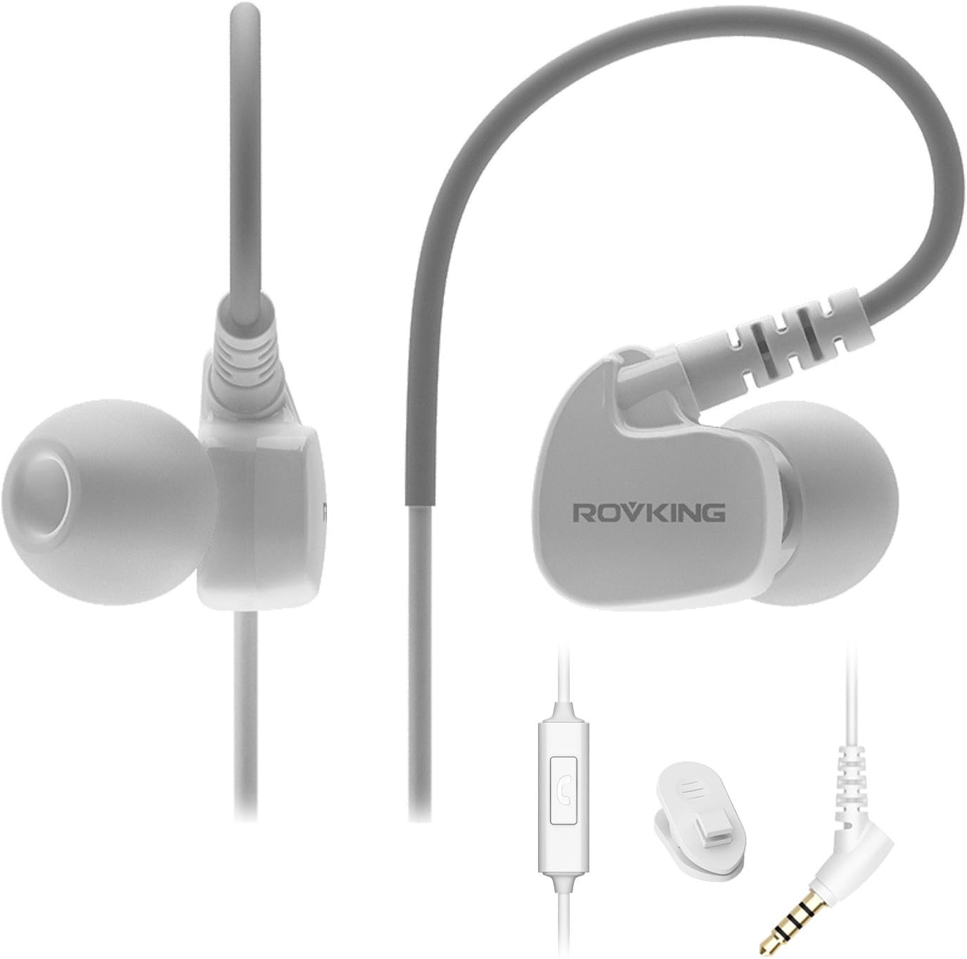 ROVKING Sweatproof Sports Workout Earphones for Running Gym Jogging Wired Earhook Headphones with Remote and Mic Bass Noise Sound Isolating Over Ear In Ear Earbuds for iPod iPhone Samsung HTC White