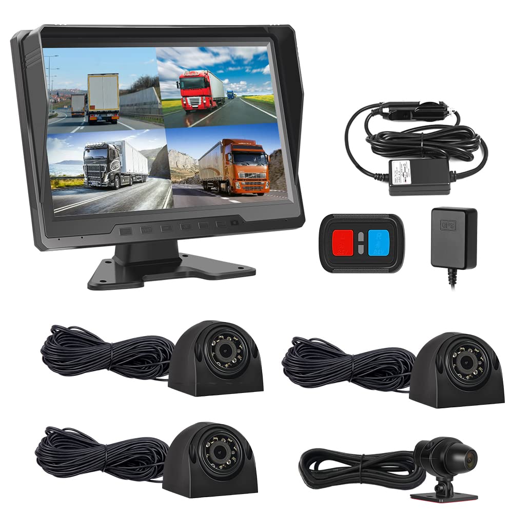 VSYSTO 4CH 1080P Truck Dash Cam, 10.1'' Monitor GPS Vehicle Reversing Camera Front & Side&Rear Cam,Infrared Night Vision Lens, Temperature Sensor, for Semi Trailer Van Tractor RV, Support Max 1TB