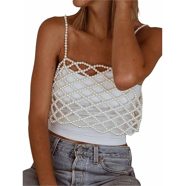 Fabumily Women's Sexy Pearls Beaded Tank Top Body Chain Bra