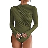 SweatyRocks Women's Bodysuit Mock Neck Casual Ruched Long Sleeve Jumpsuit