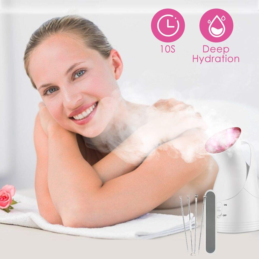 Facial Steamer, 2020 New Nano Ionic Face Steamers Warm Mist Facial Humidifier with 4 Pieces Blackhead Remover Kit for Women Moisturizing Cleansing Pores: Beauty