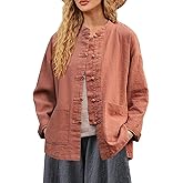 IXIMO Women's Linen Shirt Jakctes Vintage Cotton Long Sleeve Blouses Chinese Style Tunic Tops