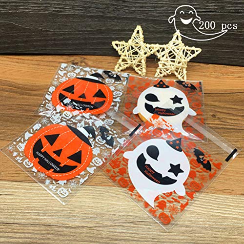 Halloween Cellophane Bags 200pcs - Pumpkin Cello Bags 100pcs, Ghost Resealable Plastic Bags 100pcs - Self Adhesive, Clear - 4" * 4"