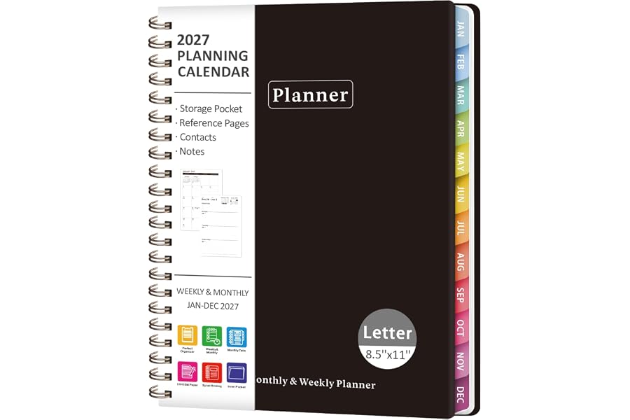 2027 Planner, Weekly and Monthly Calendar Planner Book | 8.5''x11'', January 2027 - December 2027, Hardcover, Spiral, Inner P