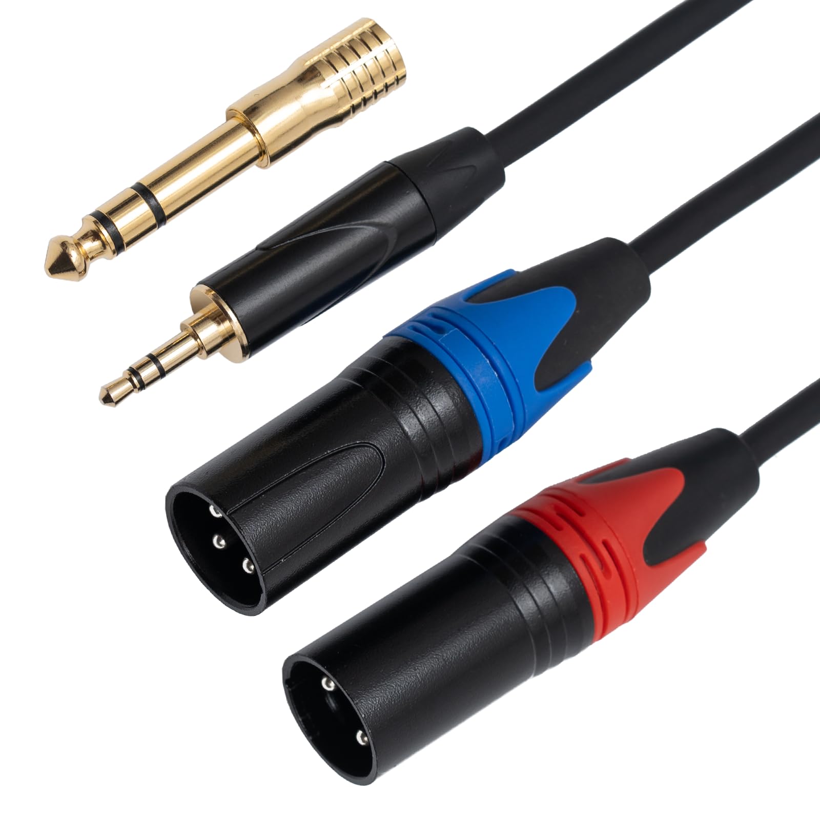 Photo 1 of Dual Male XLR to 1/8 Y-Splitter cable, With Extra Gold Plated 1/4 to 3.5mm Adapter, Unbalanced 3.5 mm Mini Jack TRS Stereo Aux to Double XLR Male Interconnect Audio Mic Breakout Patch Cord, 8FT