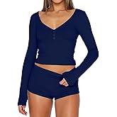 INFITTY Womens Sexy Vneck 2 Piece Sets Casual Long Sleeve Button Short Pajama Outfit 2026 Trendy Crop Top Nightwear