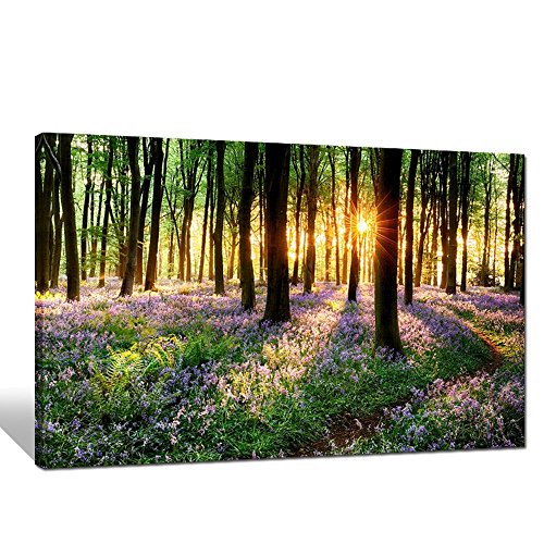 Lavender canvas wall art with wood frame forest in suns…