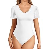 MANGOPOP Women's V Neck Short Sleeve Bodysuits Ruffle Puff Sleeve Body suit Sexy Going Out Tops