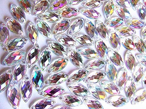 120 Aurora Borealis Marquis teardrops Acrylic Rhinestone gems 7x15 mm Bead Flat Back to sew on
