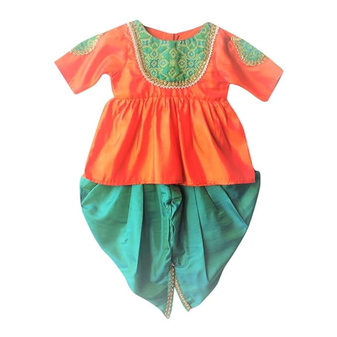 Baby Girls Brocade And Silk Brocade Work Dhoti And Peplum Top Set in Orange Color