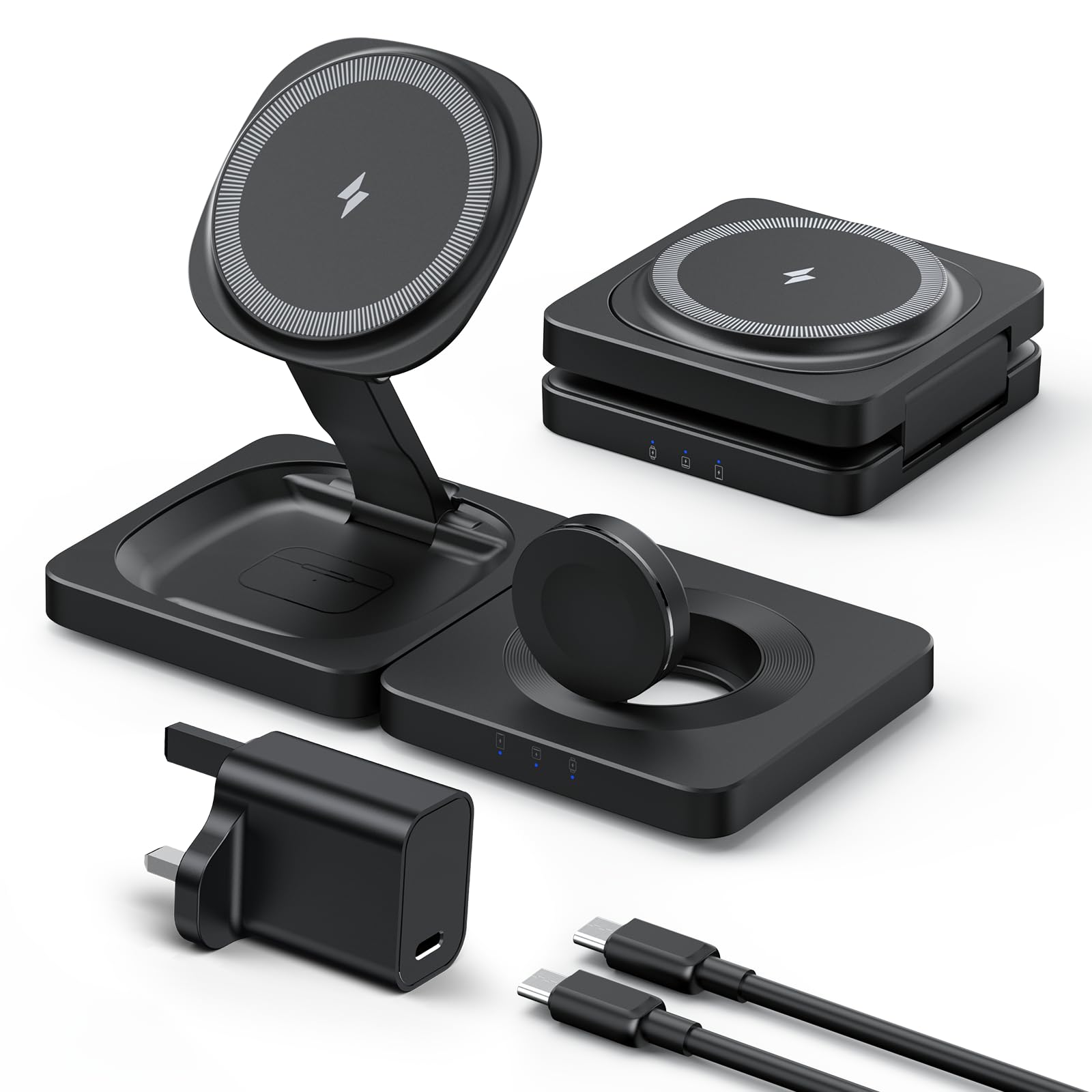 3 in 1 Wireless Charger - ADADPU Magnetic Charging Stand (20W Power Adapter Included) Max 15W Output, Foldable Travel Charger Station for iphone 17/16/15/14/13/Apple Watch