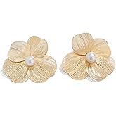 Boho Big Flower Petal Stud Earrings Fashion Plant Floral Pearl Dangle Earrings Hollow Flower Long Tassel Statement Earrings Jewelry for Women