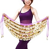 Belly Dance Hip Scarf Chiffon Belly Dance Skirt Wrap Belt Skirt with Gold Coins Belly Dance Costume for Women (Purple)