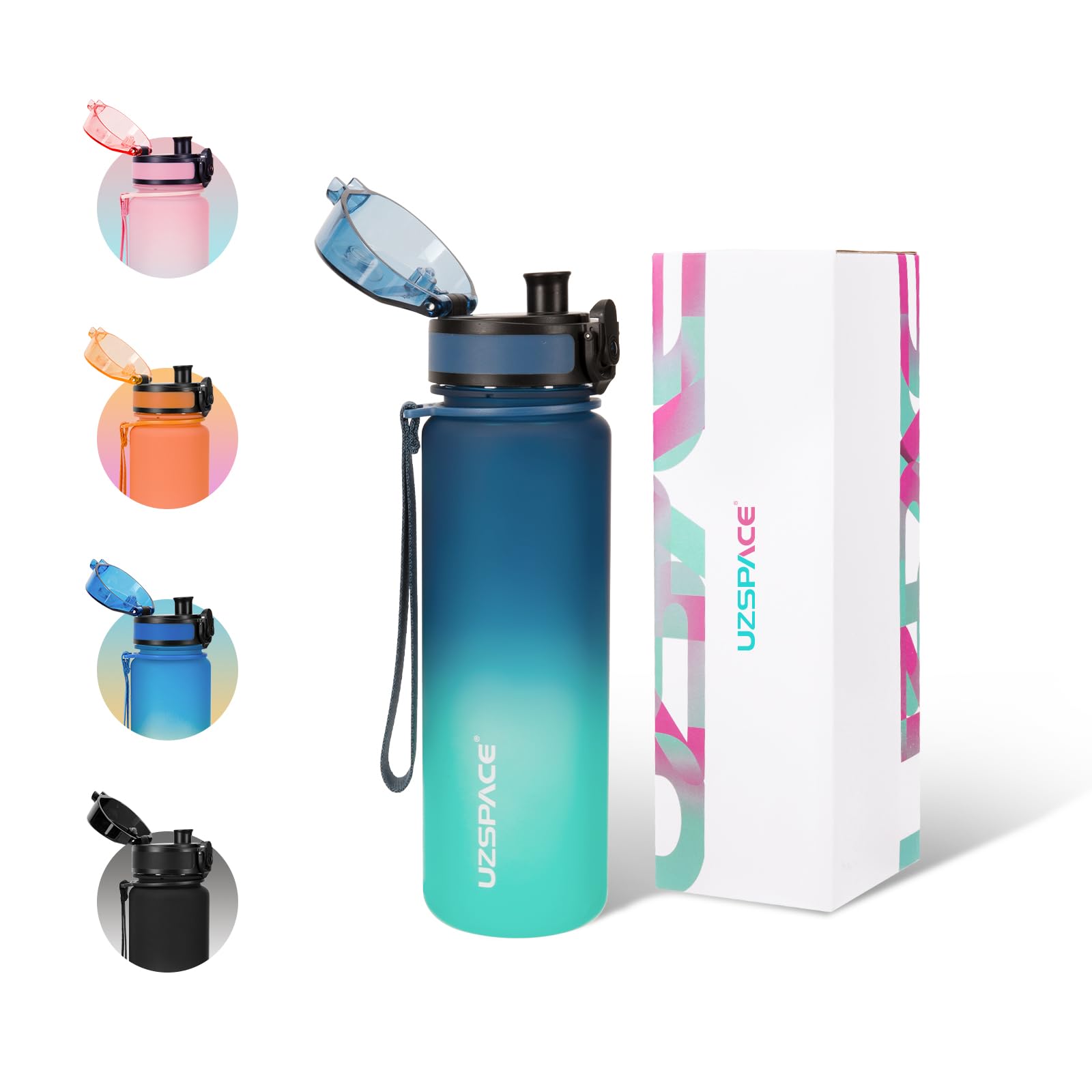 UZSPACE Water Bottle Kids with Strainer - BPA Free Drinking Bottles for Adults - Sports Water Bottle 500ml with Capacity Scale - Daily Water Intake Bottle for School or Fitness Blue & Green