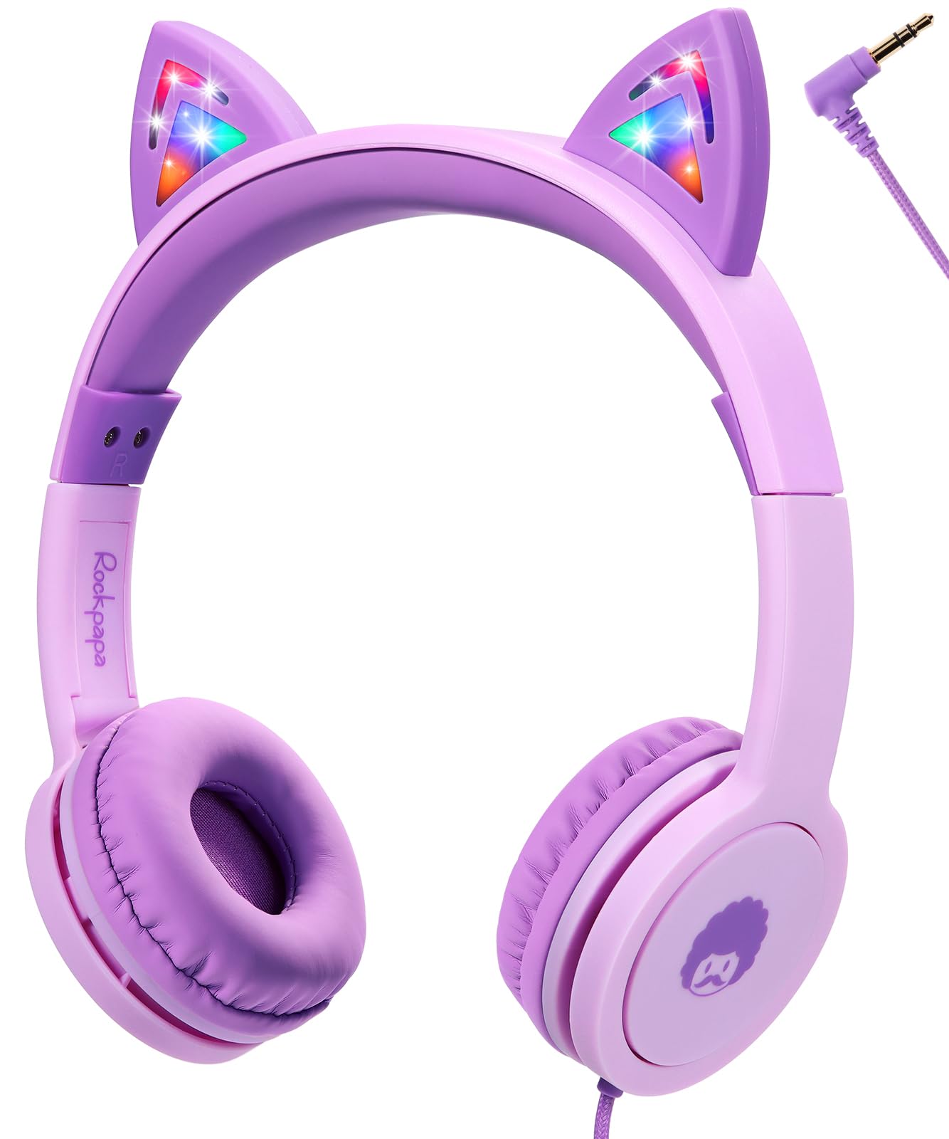Rockpapa Cat Ear Headphones for Kids Girls Boys with LED Light Up, 85dB Volume Limited, 3.5mm Aux Jack, Kids Headphones Wired for Gifts/School/Tablet/PC/Travel, Purple