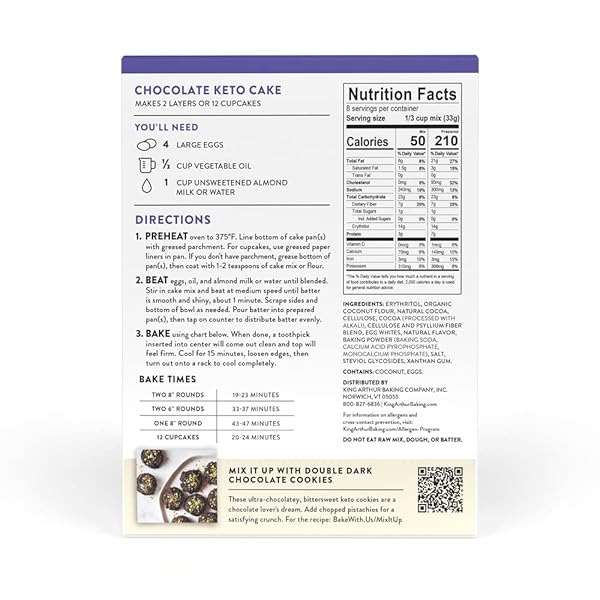 KING ARTHUR BAKING KETO CAKE MIX, CHOCOLATE, 2G NET CARBS 0G ADDED SUGAR PER SERVING, LOW CARB & KETO FRIENDLY, 9.25OZ, WHITE