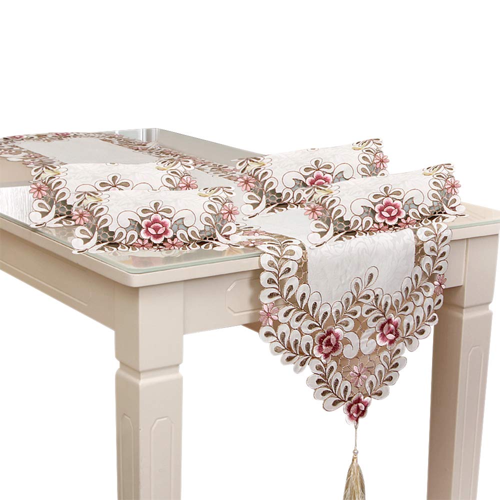 YOFASEN 30x45cm Placemats - Table Runner Pink - Retro Embroidery Floral Print Table Runner Sets for Party Birthday Banquet Decor, 4pc Place Mats + 1pc Table Runners, Table Runners 40x150cm
