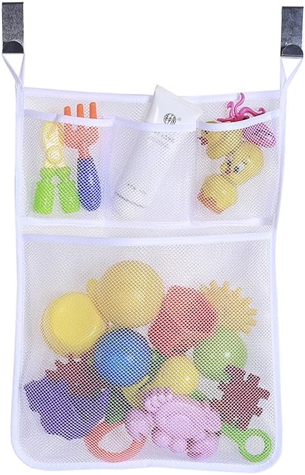 GEANBAYE Toy Storage Organizer ，Bath Toy Organizer Bathroom Tub Storage Mesh Bag Hanging Toiletry Bag with 4 Pocket + 2 Vacuum Suction Cup Strong Hooked Suction