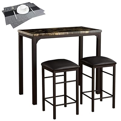 VECELO 3-Pieces High/Pub Table Set w/ 2 Bar Stools-2 Placemats, Black