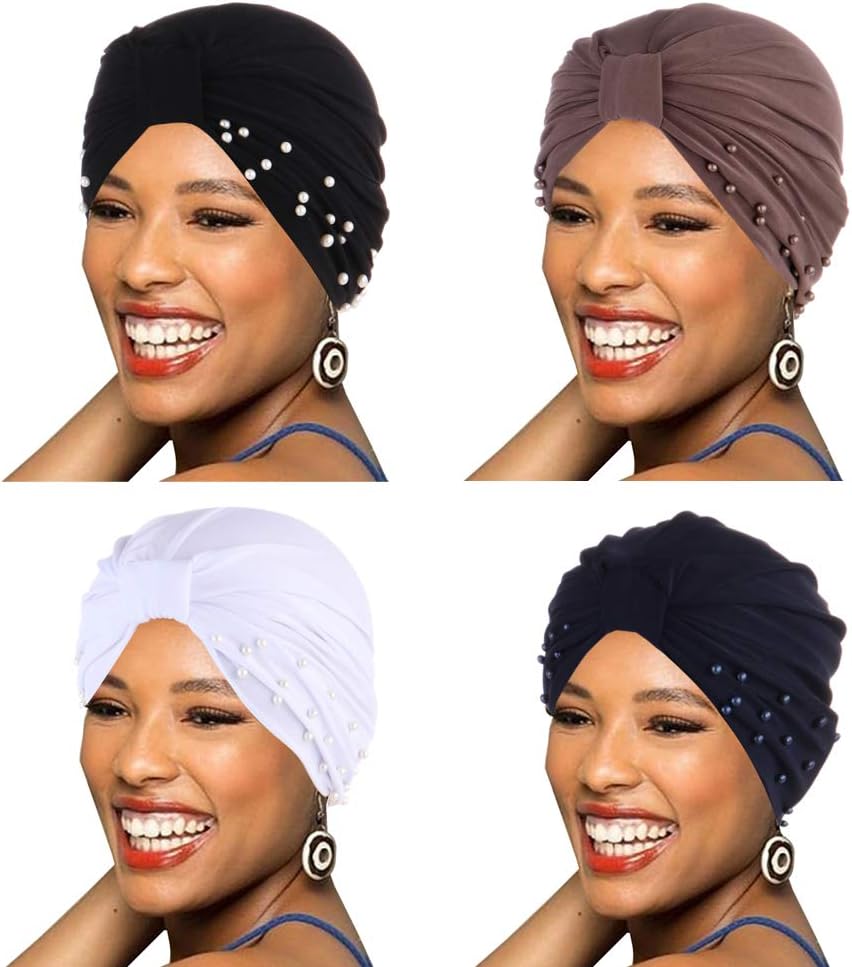 BABAHU 1Pack / 2Packs / 4Packs Women Turban African Pattern Cotton Knotted peas pre-Tied hat Makeup Cap Hair Loss Cap