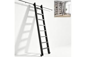 BBTEQEKN 96" Rolling Library Step Ladder, Movable Ladder with 4FT Sliding Hardware Track Kit Bottom Wheels, Support to 330 Lb