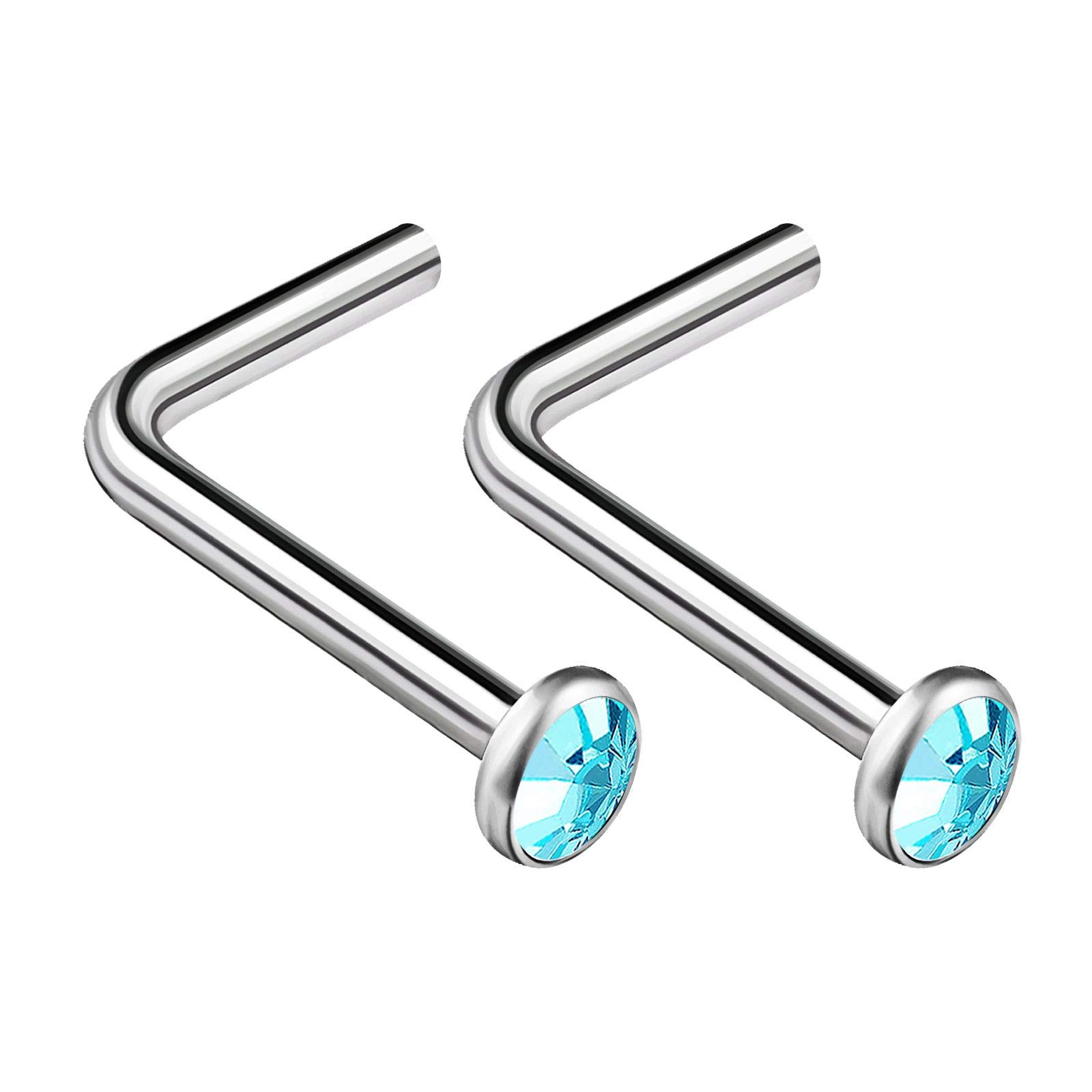 KJM FASHION 2PCS Surgical Steel L Shaped Nose Ring 18g 1mm 7mm Flesh Nostril Screw Aquamarine Crystal Stud Piercing Jewellery 1288