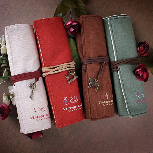 Sealike 4 Pcs Vintage Cartoon Roll up Canvas Pen Bag Pencil Case Pen Holder Cosmetic Bag Pouch Bag for Women Teen Girls with Stylus