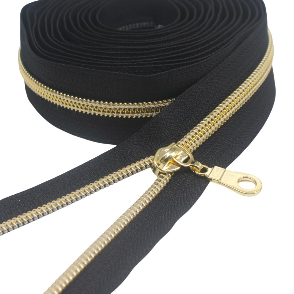 YaHoGa #5 Gold Metallic Nylon Coil Zippers Continuous Zipper Tape (9 Meters + 25pcs Sliders) for Sewing Tailor DIY Craft Bag (Gold Black)