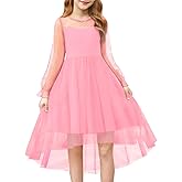 Haloumoning Girls Dresses Kids Contrast Mesh Long Sleeve Twirly High Low Birthday Party Formal Dress 5-14 Years