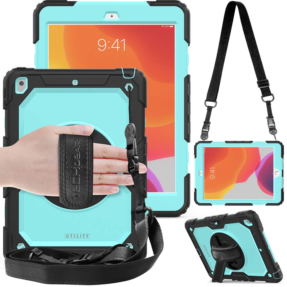TECHGEAR UTILITY Case fits Apple iPad 10.2" 2021 2020/2019 [9th / 8th / 7th Generation] Tough Rugged HEAVY DUTY Armour Shockproof Case 360 Degree Rotating Stand, Hand and Shoulder Strap Case - Aqua