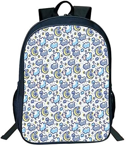 Suitable for Primary School Students Black Double-deck Rucksack,Kids,Hand Drawn Style Pattern Crescent Moons Stars and Sheep Night Time Lullaby,Pale Blue Grey Yellow,for Kids,3D Print Design.15.7"x 11
