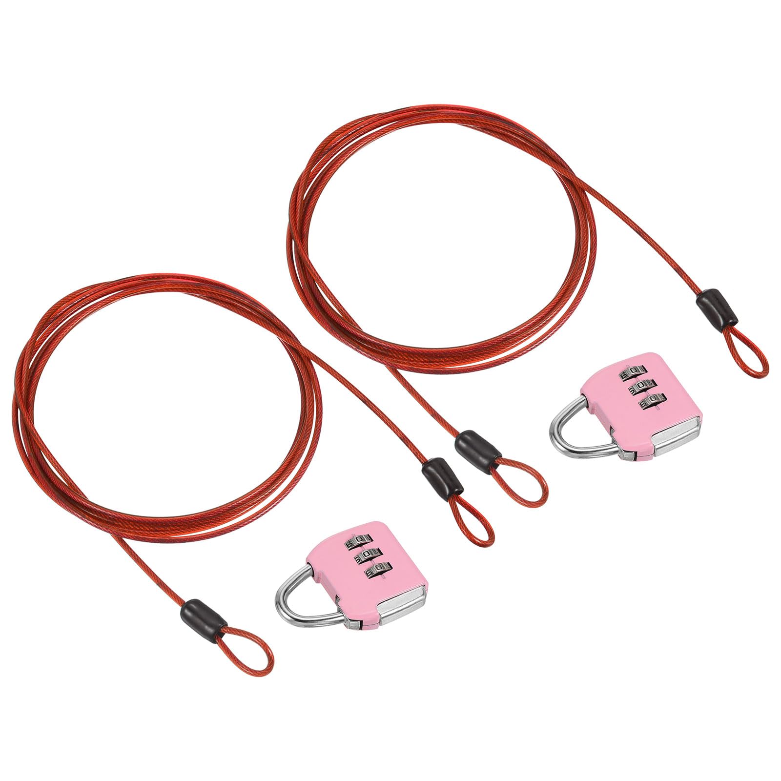 PATIKIL Security Steel Cable with 3 Digit Combination Lock, 2 Set Travel Padlock 6.6Ft Coated Safety Wire Rope Double Loop for Luggage Suitcase, Pink