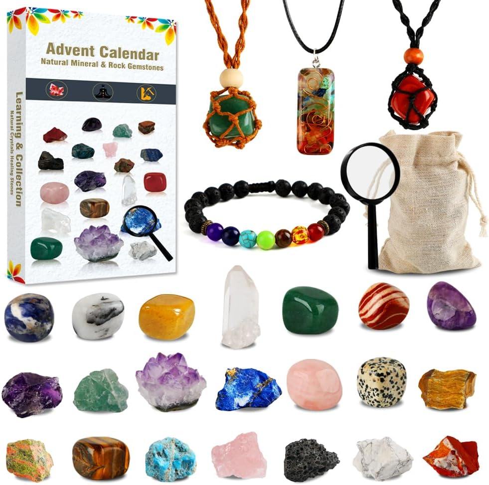 Advent Calendars - Advent Calendar 2023, Crystals and Healing Stones Christmas Countdown Calendar Natural Chakra Gemstones Set with Crystal Necklace Bracelet Christmas Gifts for Women Kids Girls Boys Collection