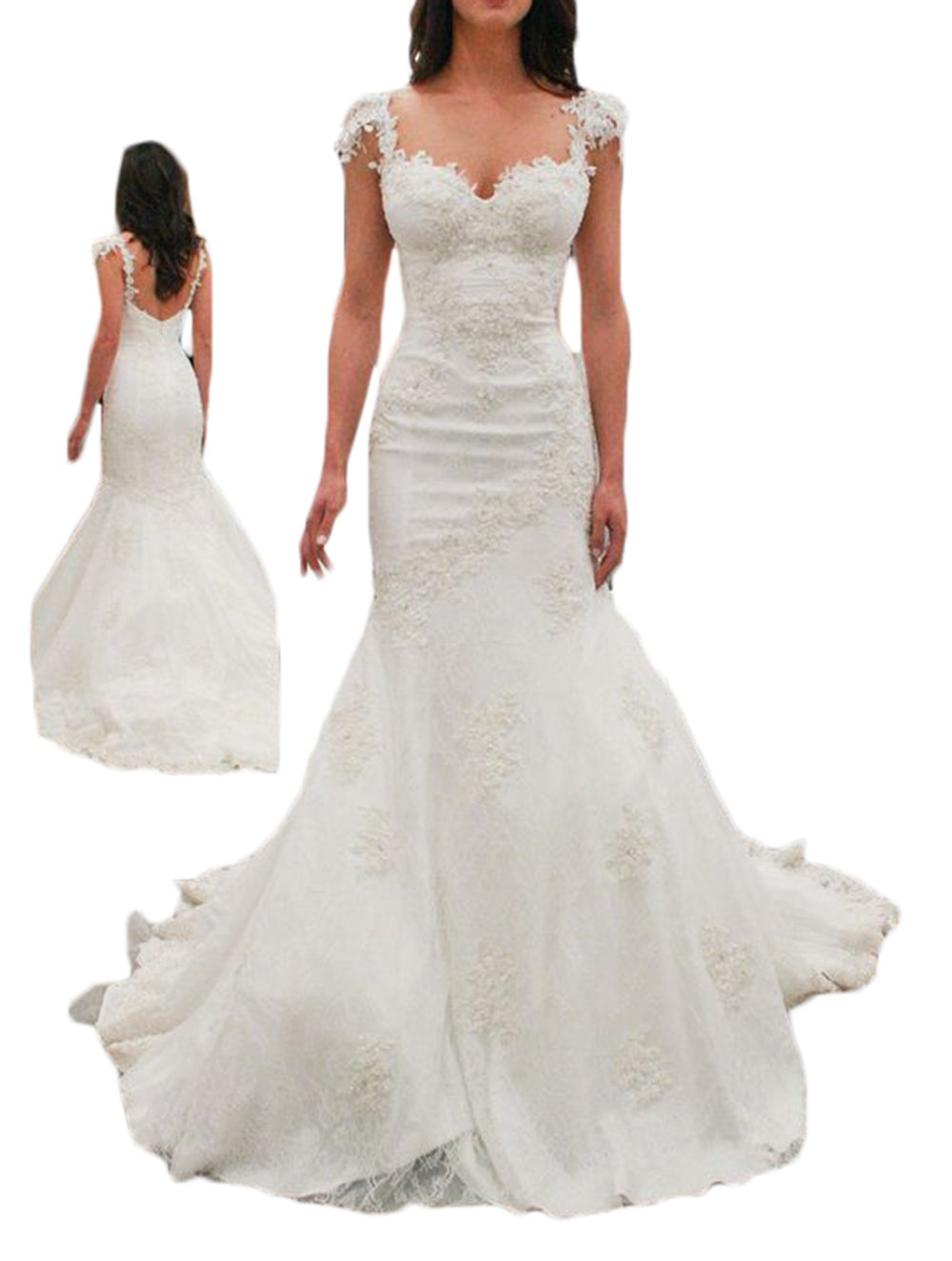 Ri Yun Women's Lace Appliques Mermaid Bridal Wedding Dress Ball Gown