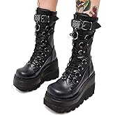 XYKHUI Womens Gothic Punk Platform Boots Chunky Wedge Heel Combat Boots Lace-Up and Zipper Round Toe Mid Calf Motorcycle Boot