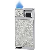 LYPOBALA Flat Flame Torch Lighter, Slim Butane Torch Lighter, Refillable Fancy Butane Lighters, Windproof Adjustable Pocket Lighters with Visible Window, Novelty Gifts for Men Women, No Gas, Silver