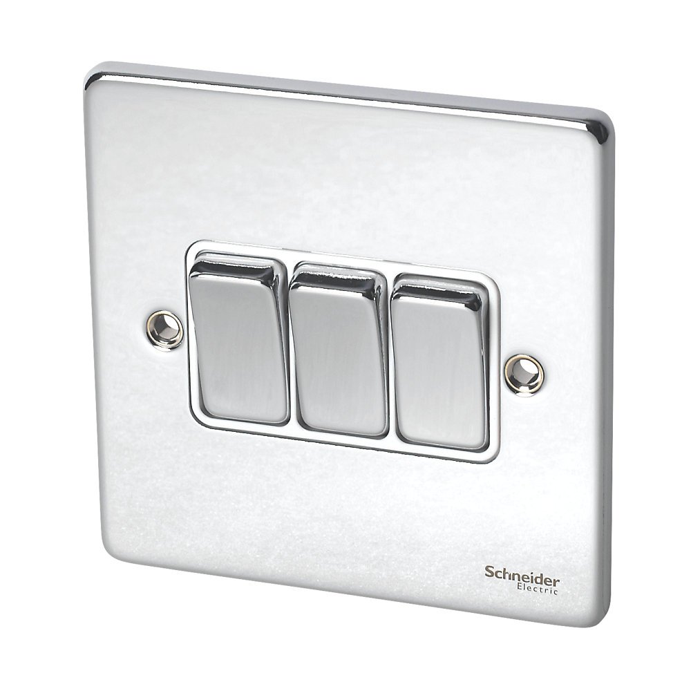 Schneider Electric 3Gang 2Way 16AX Light Switch Polished Chrome