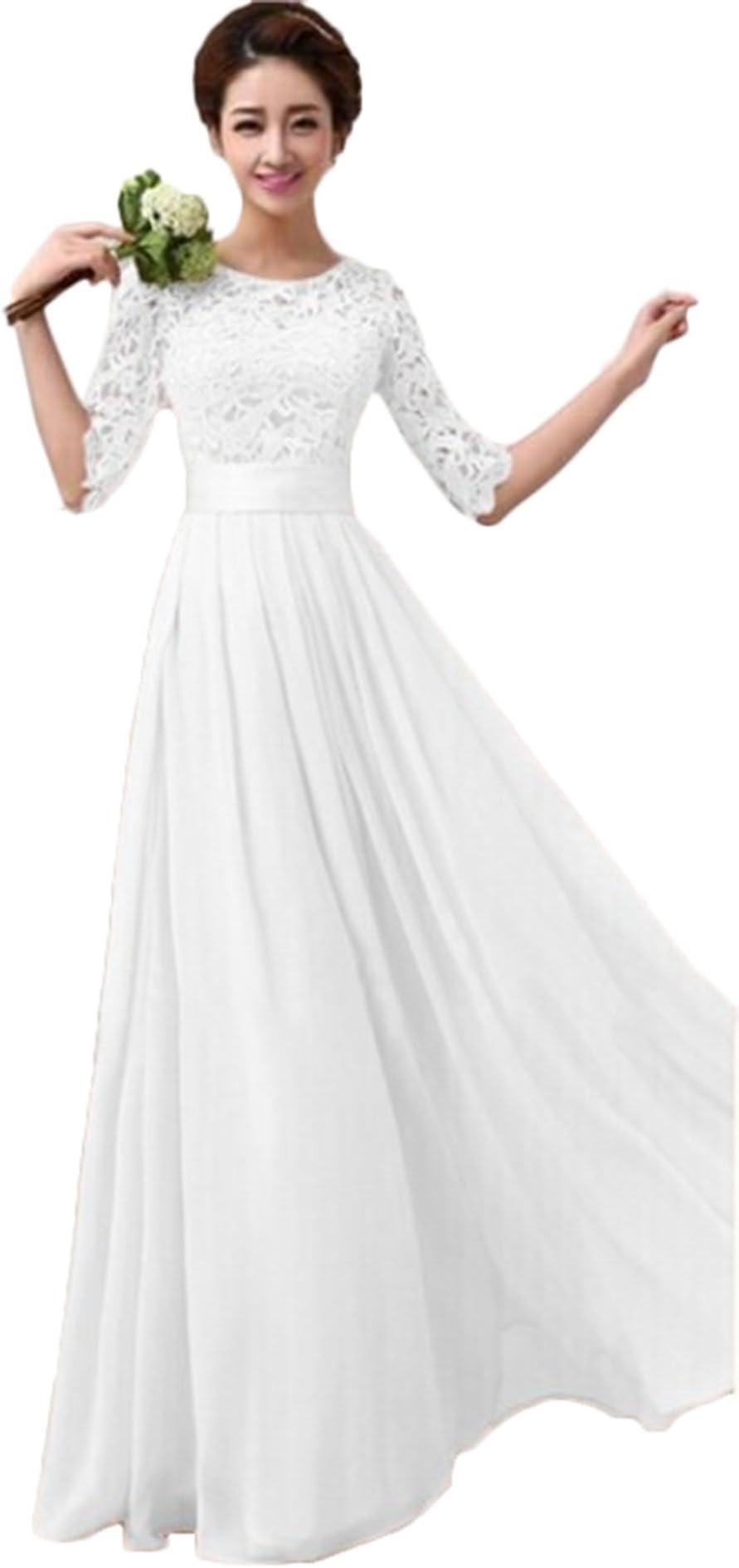 Rianbox Women Gorgeous Elbow Sleeve Sexy Elegant Prom Dress White, Medium