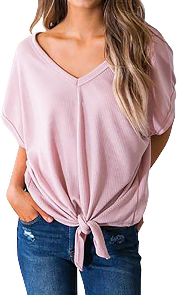 YOMISOY Womens V Neck Knitted Ribbed T Shirt Loose Casual Tie Knot Short Sleeve Tops,Pink,Small